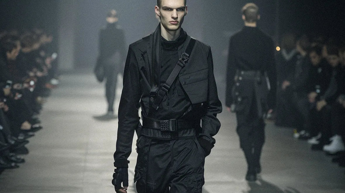a man wearing warcore clothes during a runway