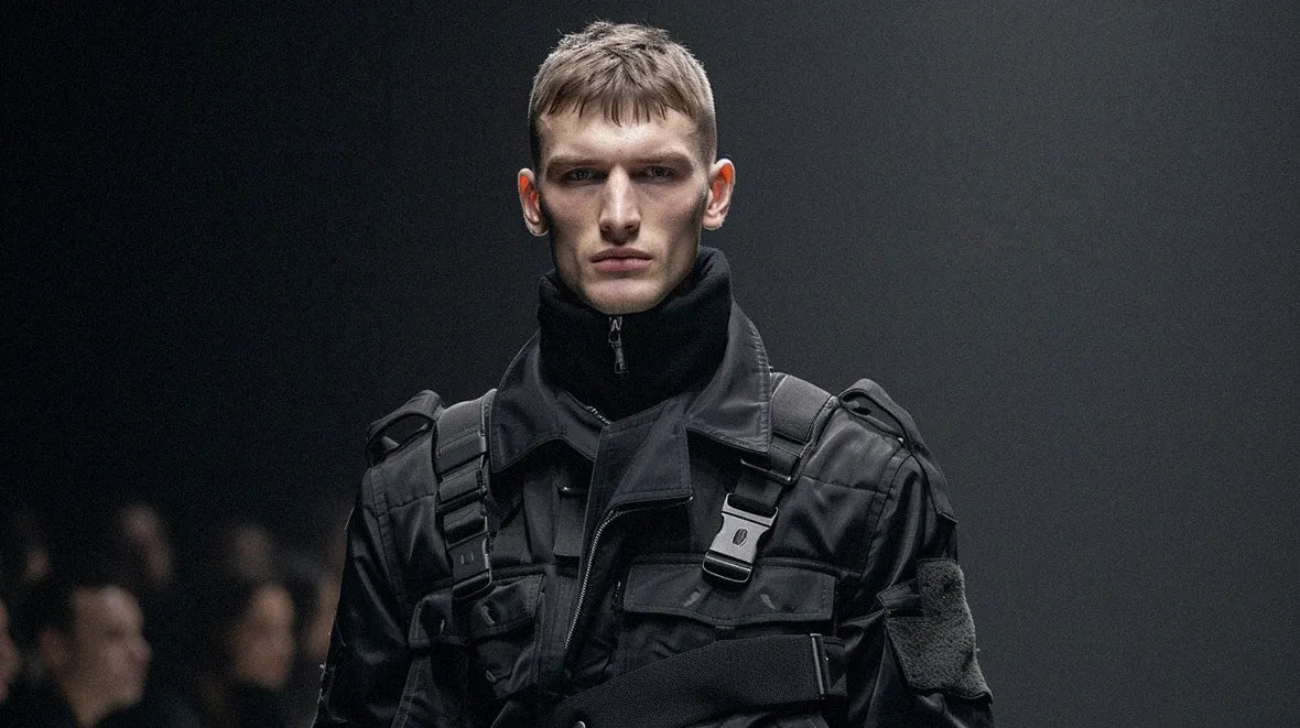 a man in warcore outfit during a runway