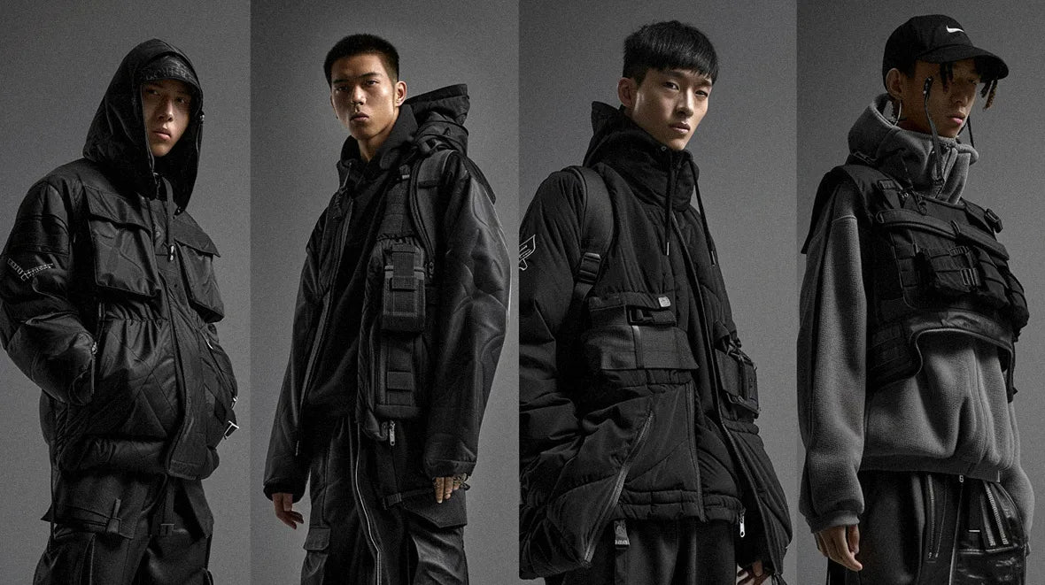 4 images of an asian man in warcore outfit