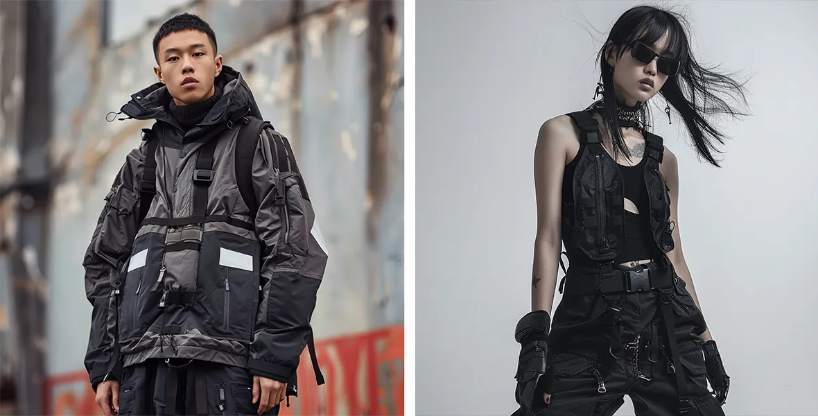 a man and a woman wearing techwear outfits