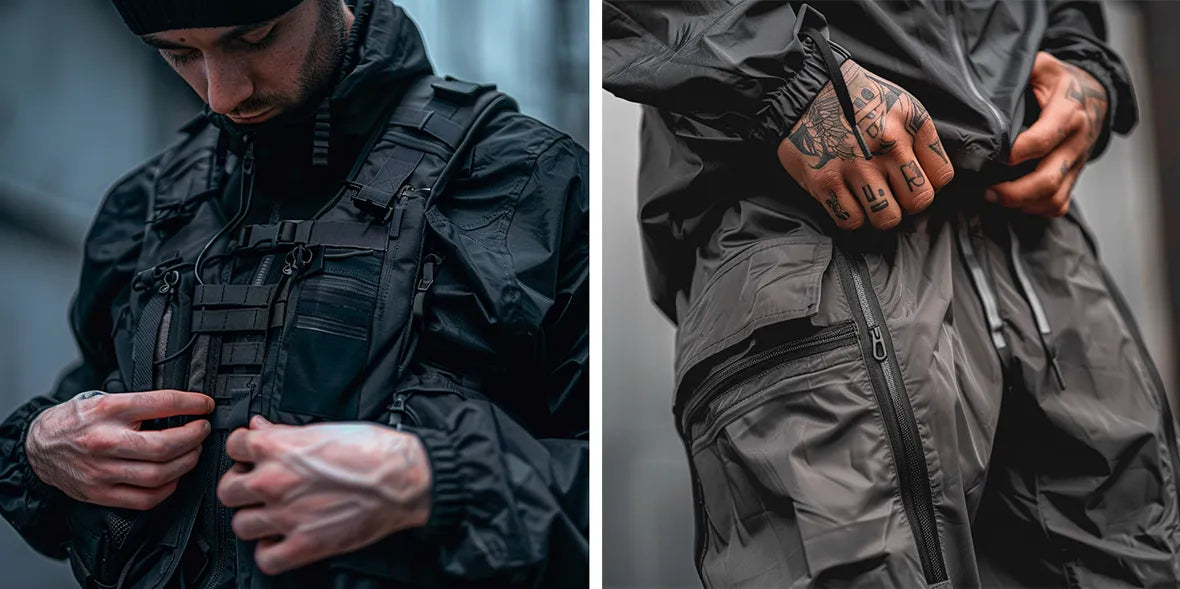 man with techwear outfit, zoom on his hands buckling his techwear pants and chest bag