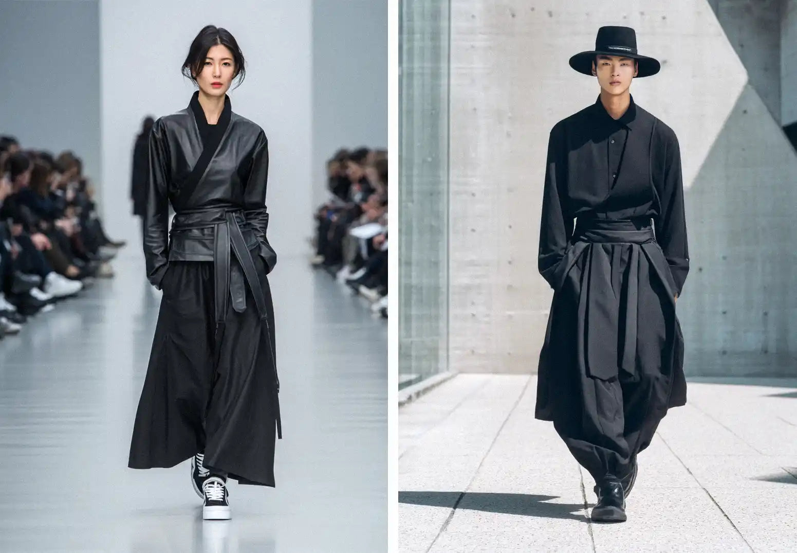 Martial arts inspired fashion featuring flowing hakama pants and structured tops on a runway and outdoor setting.