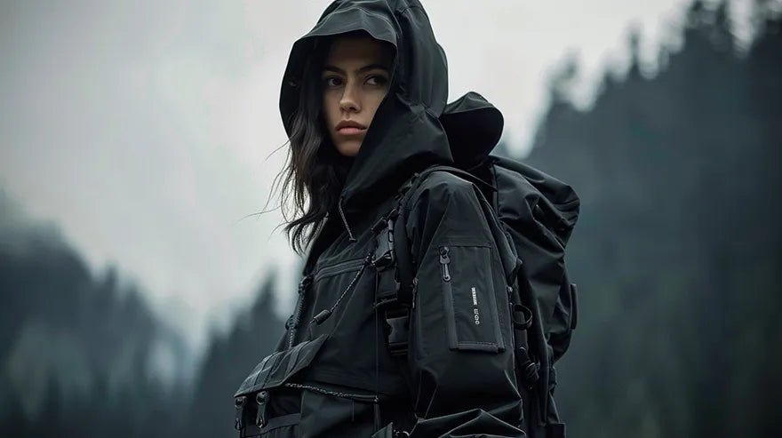 woman in black techwear outfit