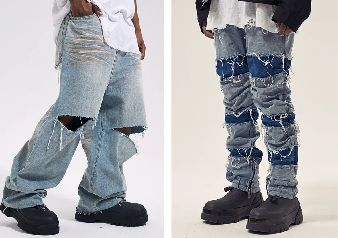 two Y2K jeans with heavy distressing and exaggerated holes