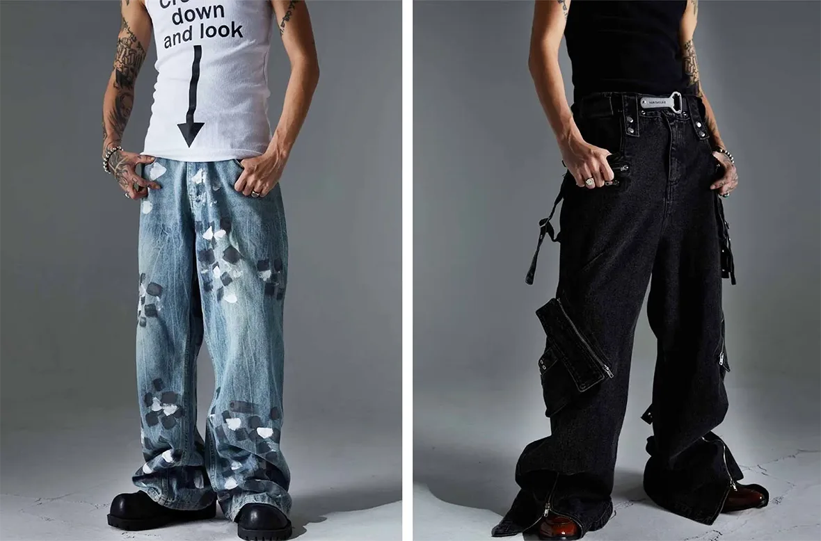 Light wash Y2K jeans with paint splatter details and a wide-leg fit and Dark black Y2K jeans with oversized pockets and a loose, baggy fit.