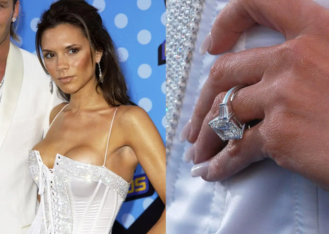 Victoria Beckham's emerald cut engagement ring and our fake engagement ring dupe for women online at Margalit Rings