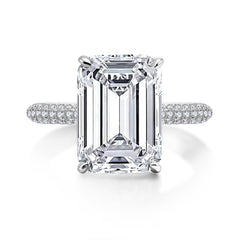 Emerald Cut Engagement Ring, 6 Carats, Halo, Silver by Margalit Rings Lab Created Moissanite Diamond Gemstone Engagement Ring, Travel Ring, Vacation Ring with delicate micro pave detailing. Available in 5 ring sizes. Shipped from London.