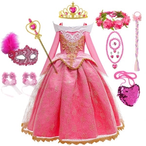 Aurora Cosplay Costume Sleeping Beauty Girl Princess Dress Child Birthday Theme Party Long Sleeve Off Shoulder Elegant Ball Gown - Kidz Kompany