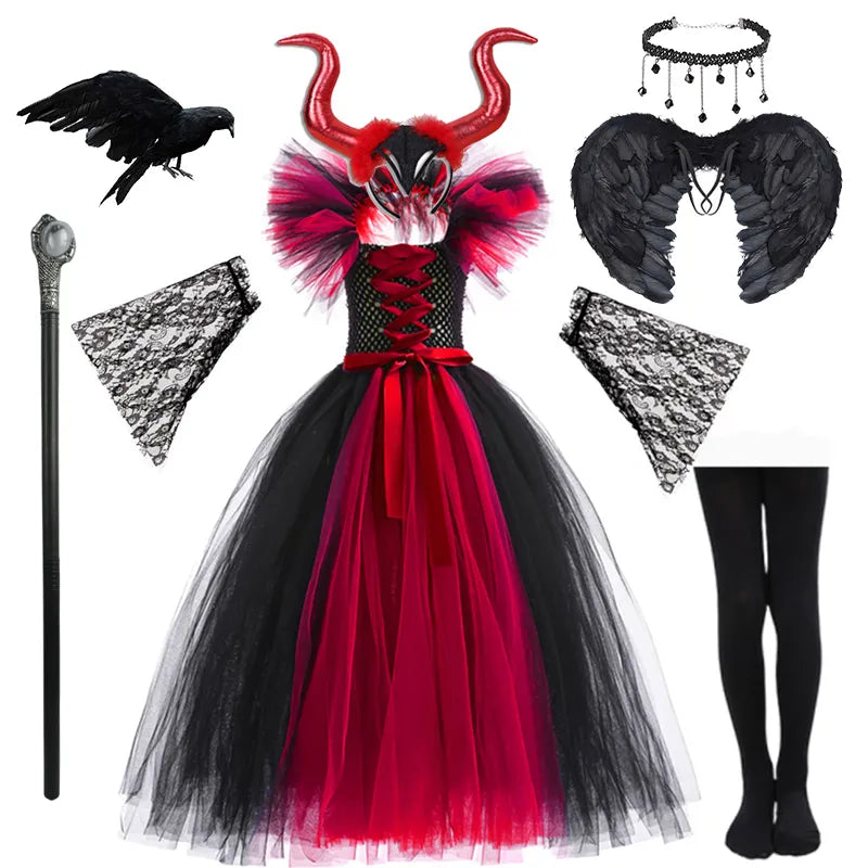 Disney Halloween Red Black Maleficent Costume Tutu Dress For Girls With Headband Carnival Party Villain Evil Queen Clothes 2-12T
