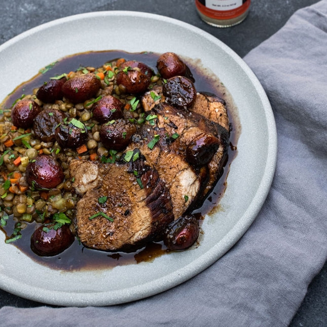 Roasted Pork Tenderloin with Grapes and French Lentils