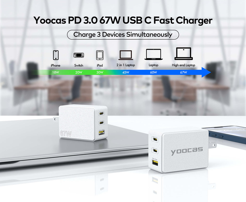 67W PD 3.0 Portable Charger-3 Ports USB C Adapter-Yoocas