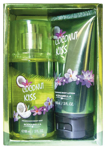 Coconut Kiss, de Scenabella, está disponible en estuche de spalsh y loción corporal a través de cosmeticosenlinea.com