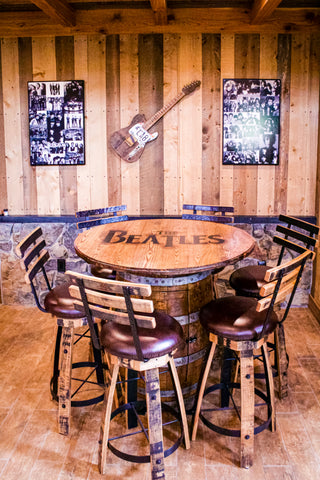 Whiskey Barrel Pub Table with Custom Beatles top paired with Whiskey Barrel Bar Stools