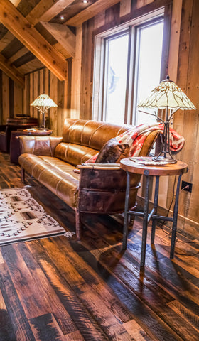 Leather Sofa, Copper End Tables