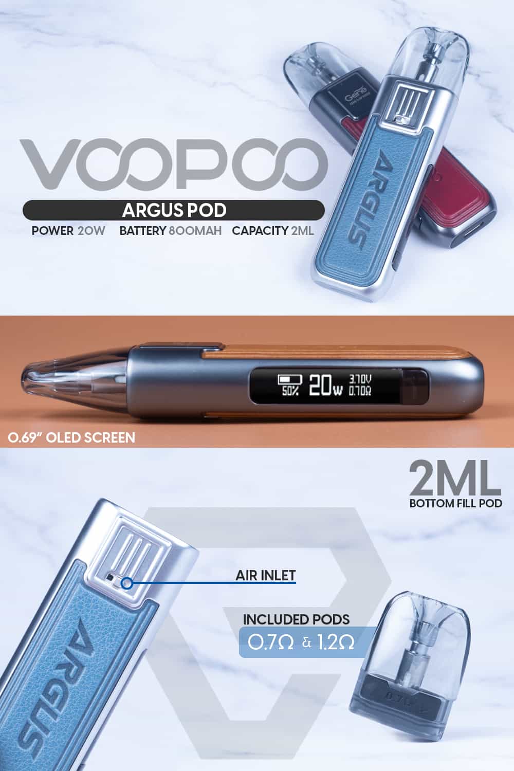 voopoo argus 20w pod system infographic