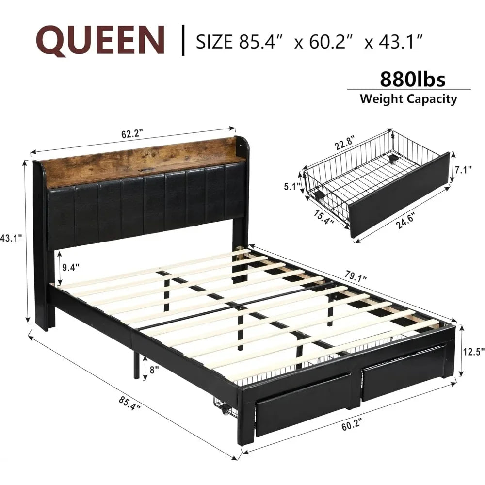 AILANY Modern Upholstered Queen Bed Frame with Storage Drawers