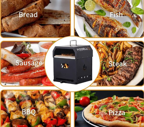 Collage of various foods: bread, fish, sausage, steak, bbq, and pizza around a central image of a black portable grill.