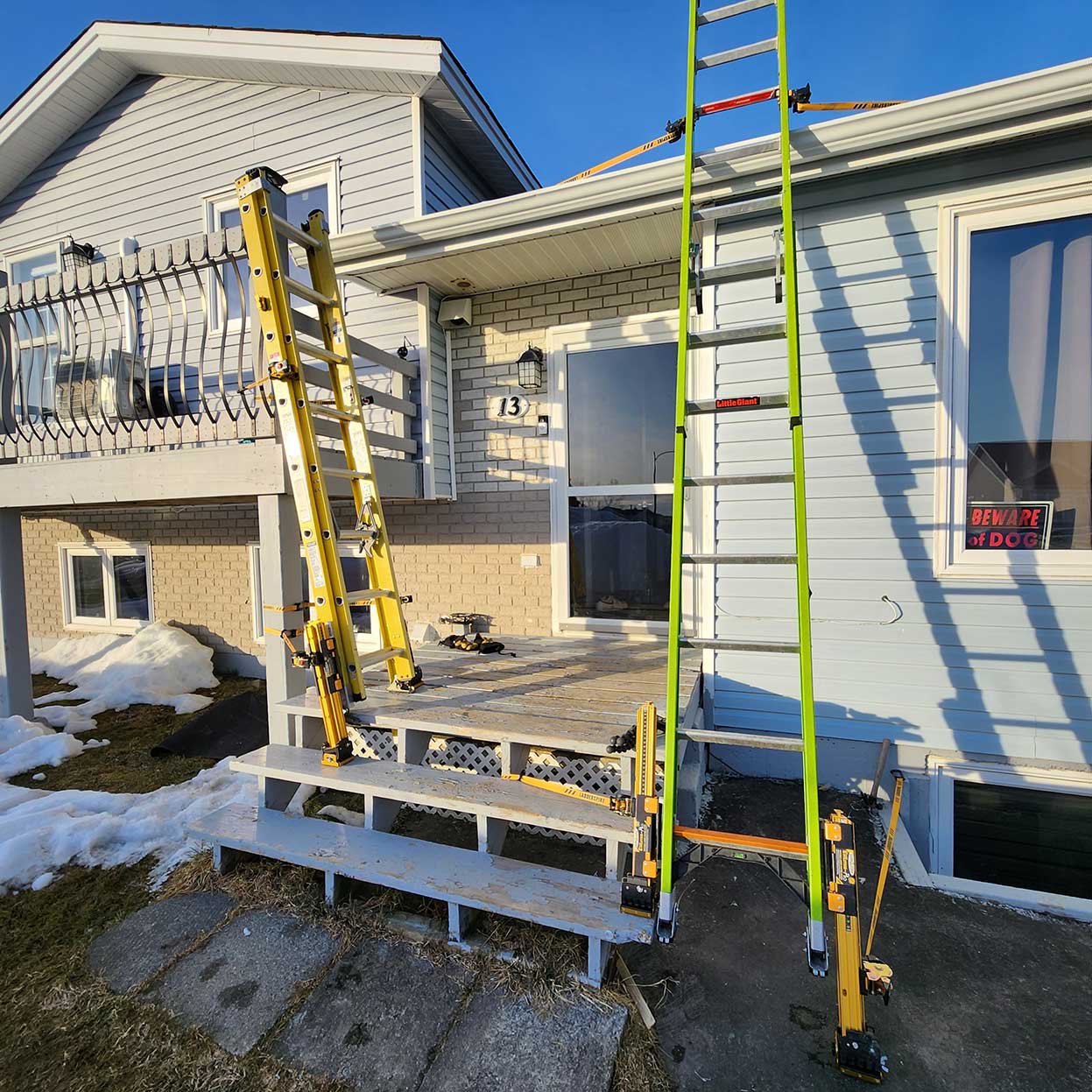 Ladder leveled on stairs