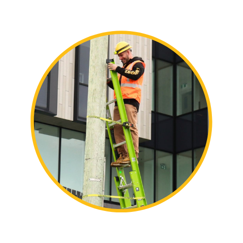 Happy employee on a ladder