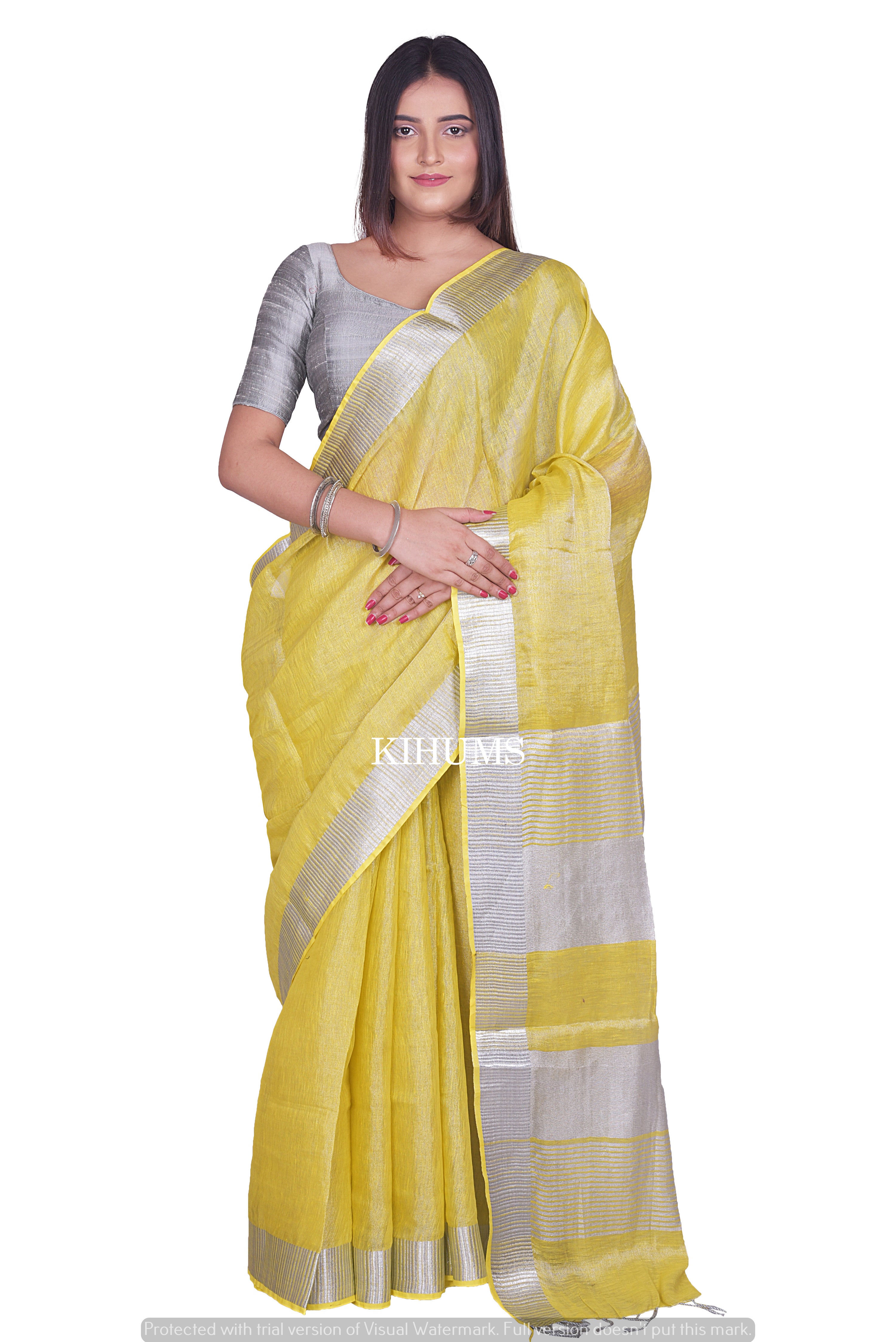 Yellow Handloom Chanderi Silk Saree With Three Flower Motif – WeaverStory