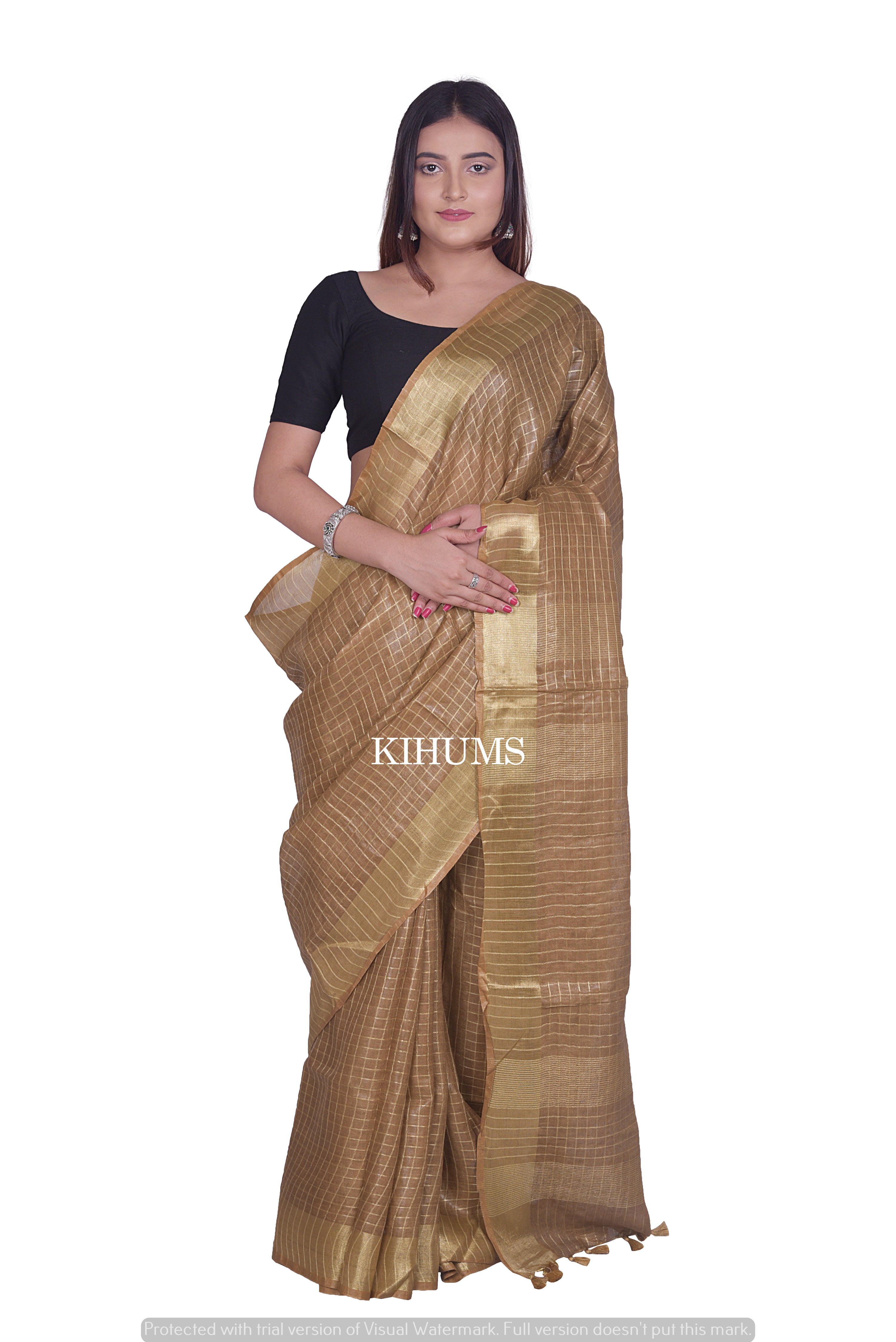 Buy Grey Golden Zari Linen Saree | LINEN05/LPHP4 | The loom