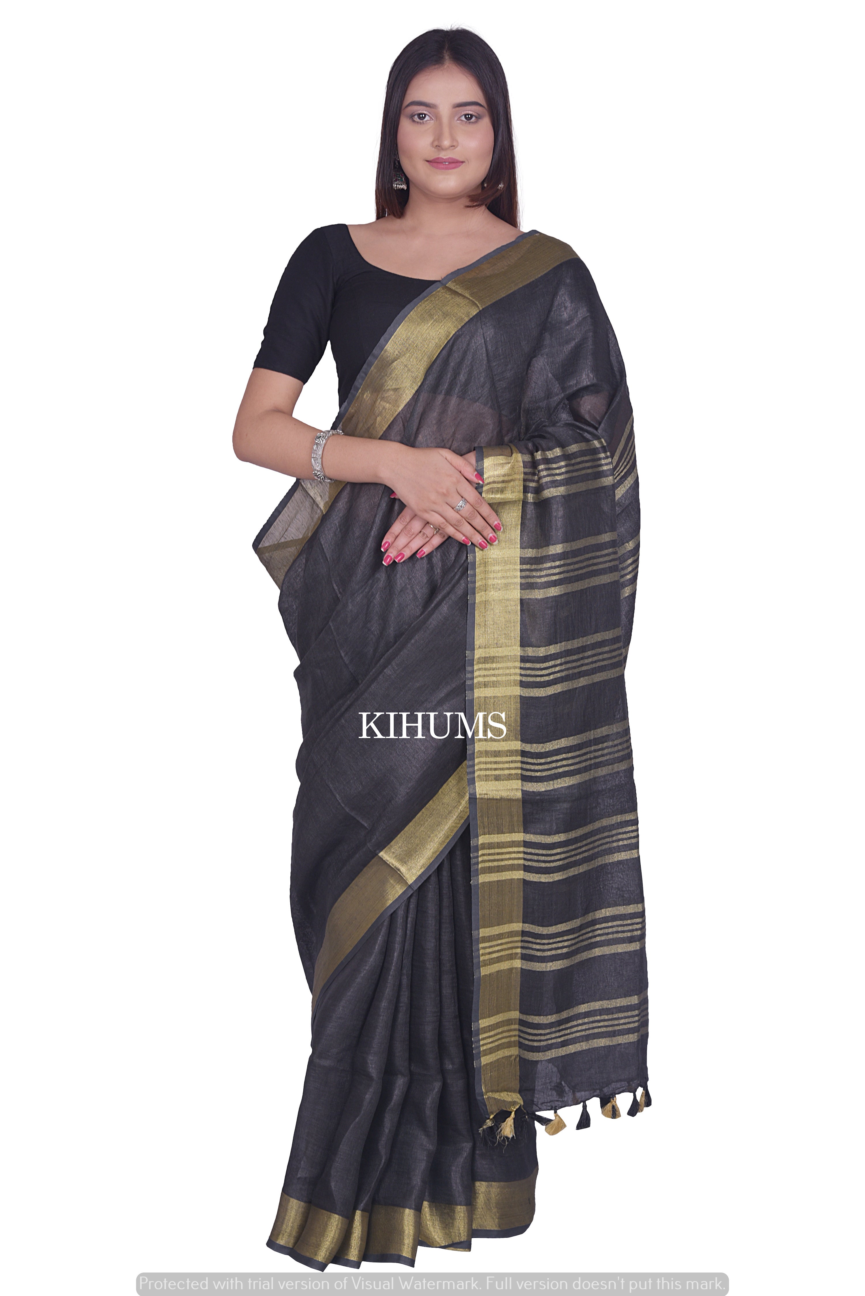 Banarasee Handloom Pure Linen Saree With Contrast Border-Black & Green