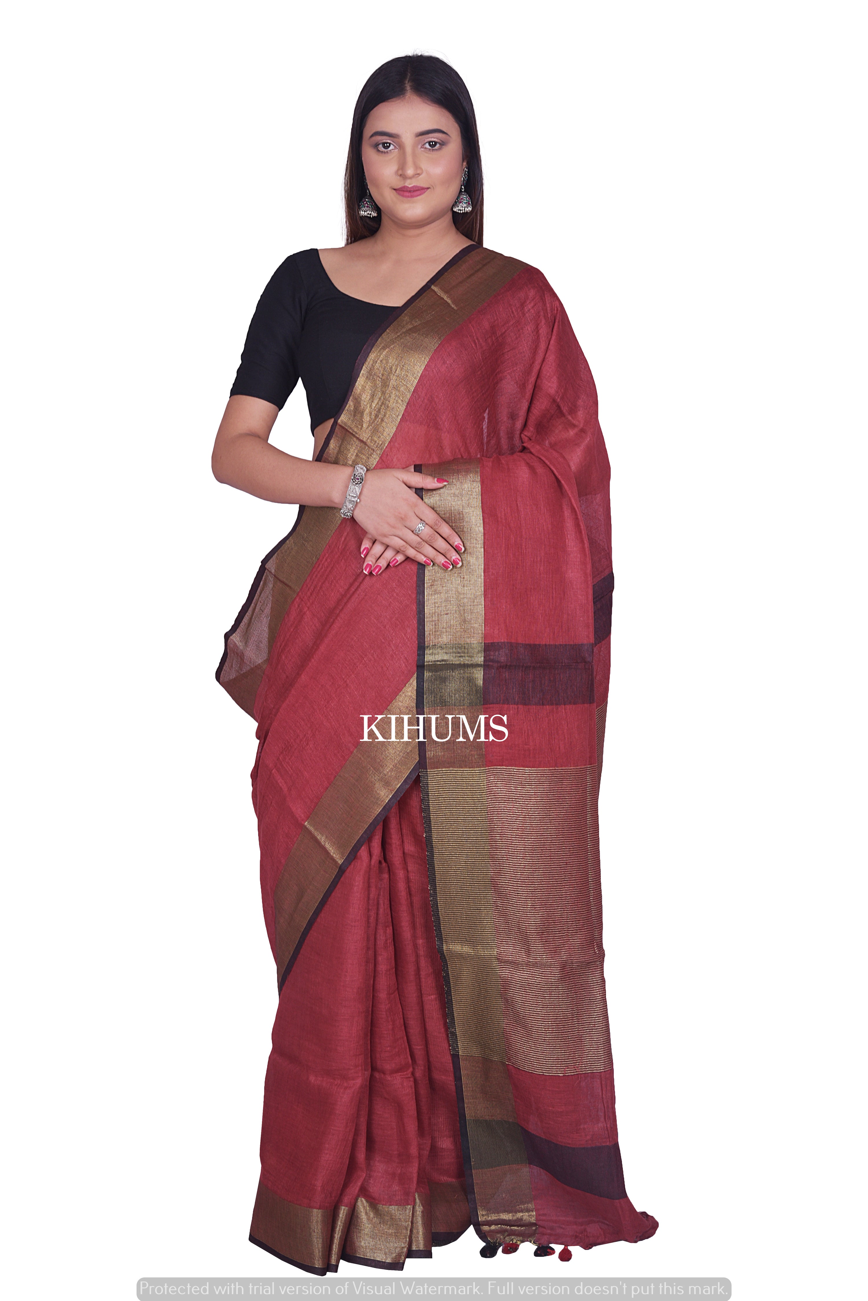 $52 - $64 - Burgundy Linen Saree and Burgundy Linen Sari Online Shopping