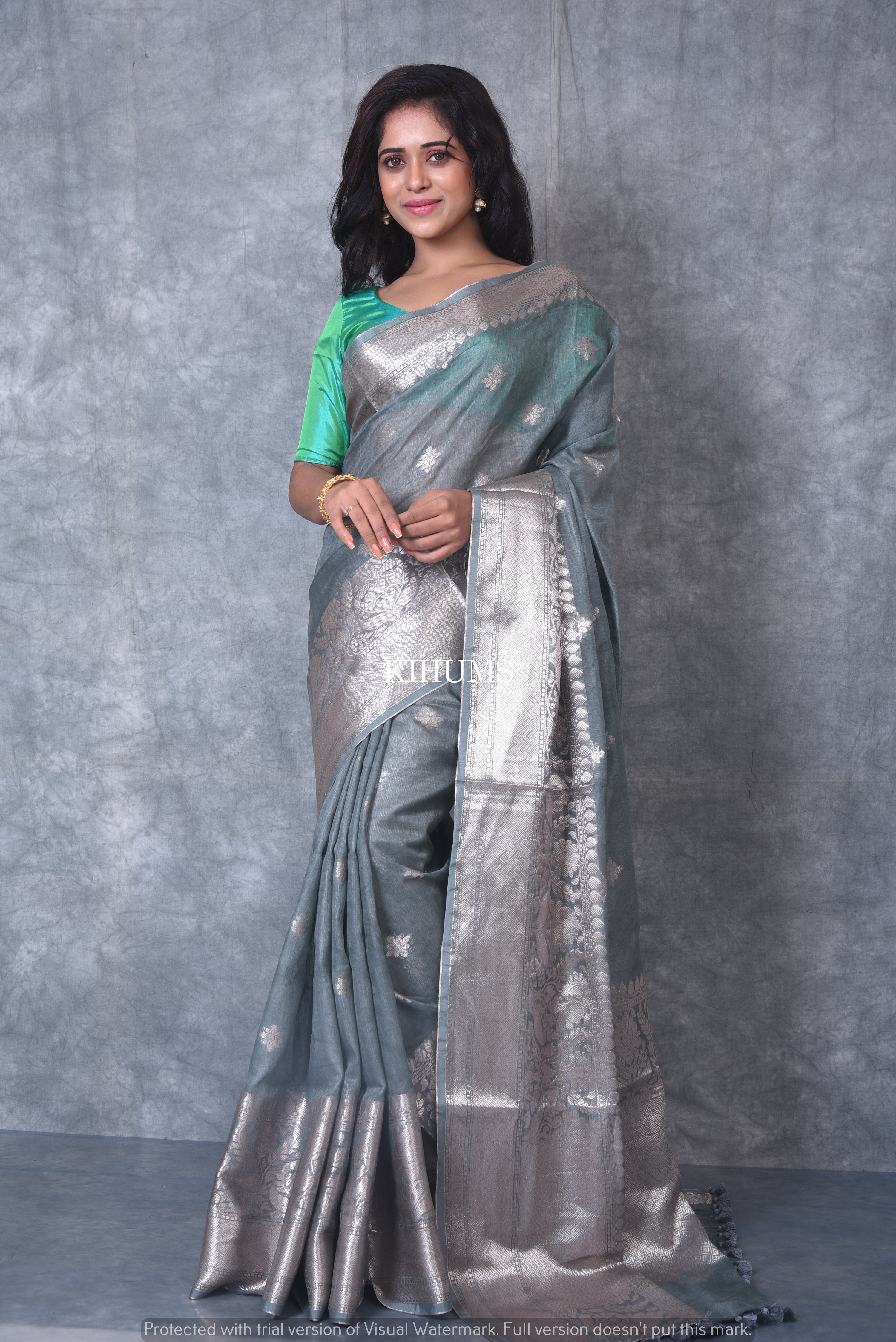 Buy Silver Zari Weaving & Meena Butts Border Pallu & Blouse Pure Soft Silk
