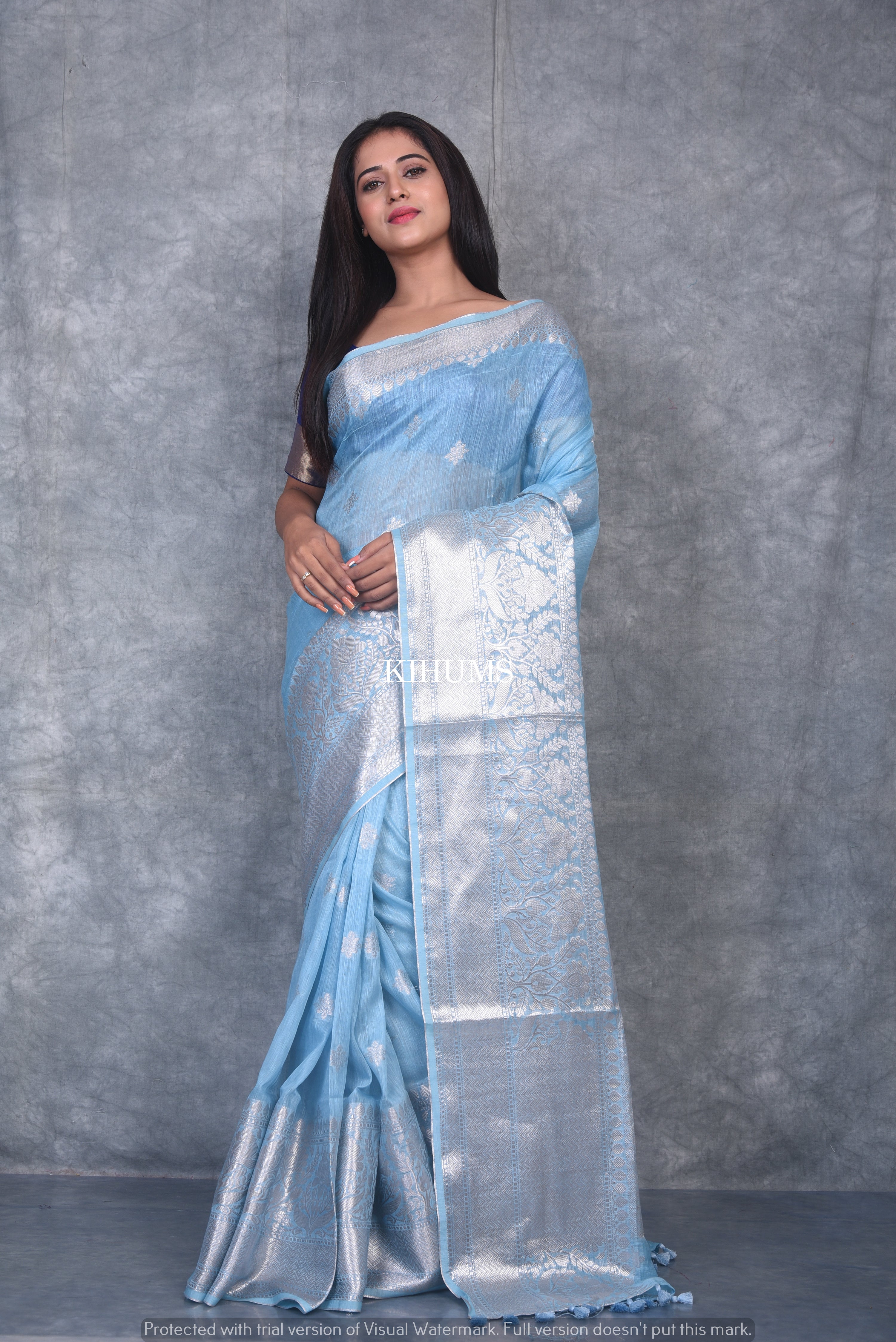 Banarasee Handwoven Semi Silk Saree With Silver Zari Border-Royal Blue