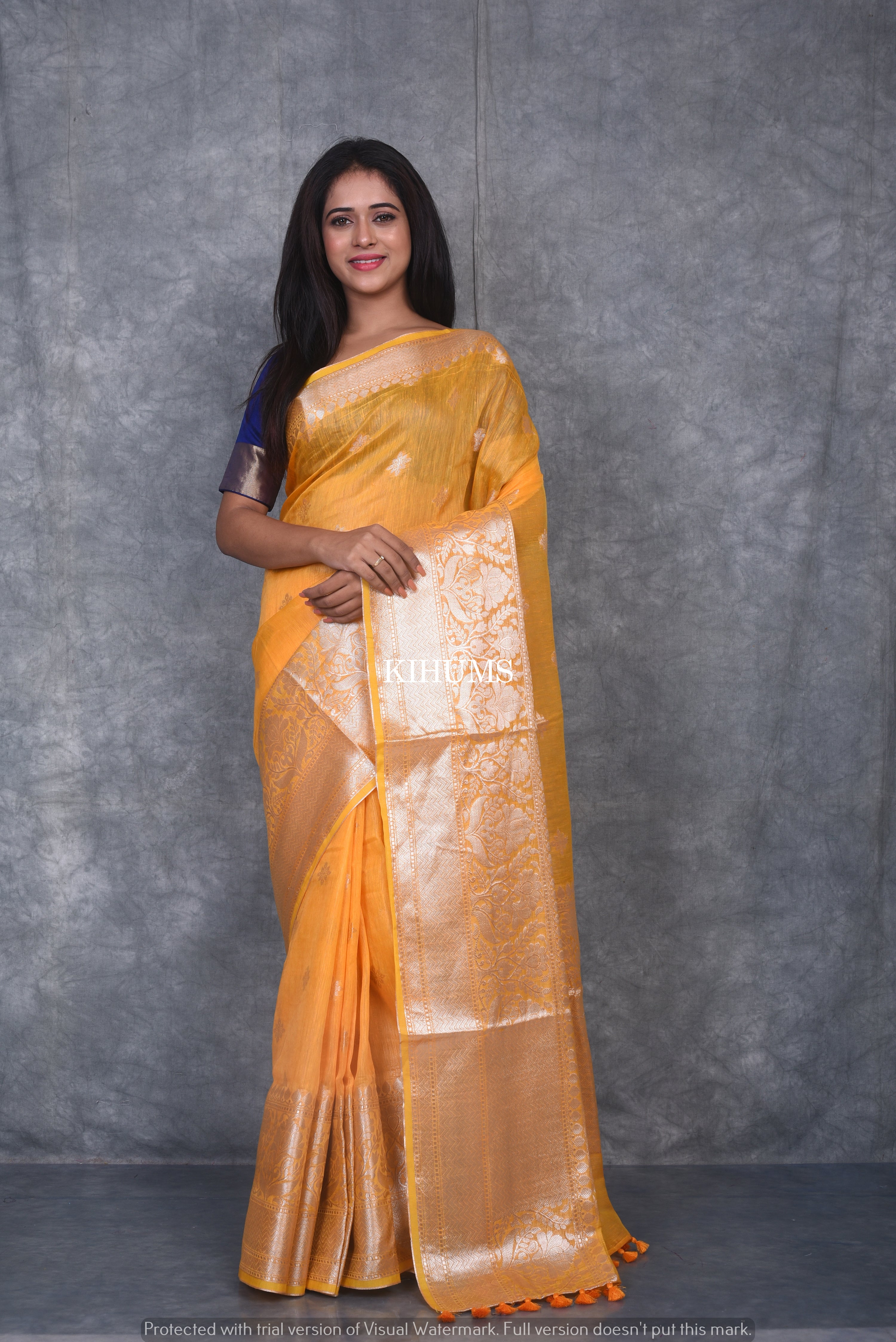 Pastel yellow Kora Silk Saree with zari stripes, contrast border & pallu  intricately designed with ogee pattern in zari