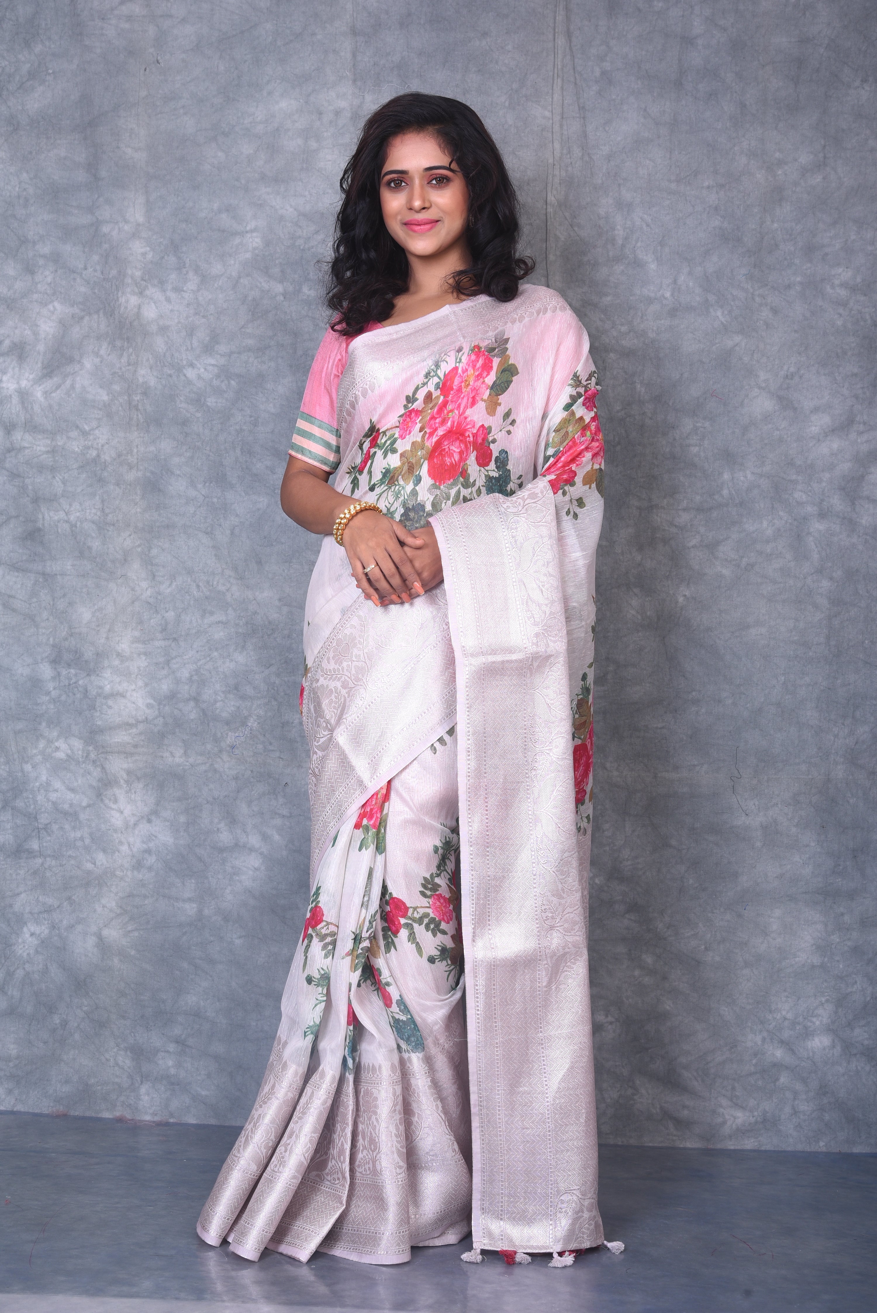 White & Pink Floral Printed Satin Silk Saree – Maharani