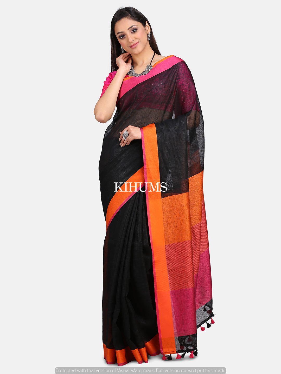 Buy online Black color Pure Linen Saree - Linensaree