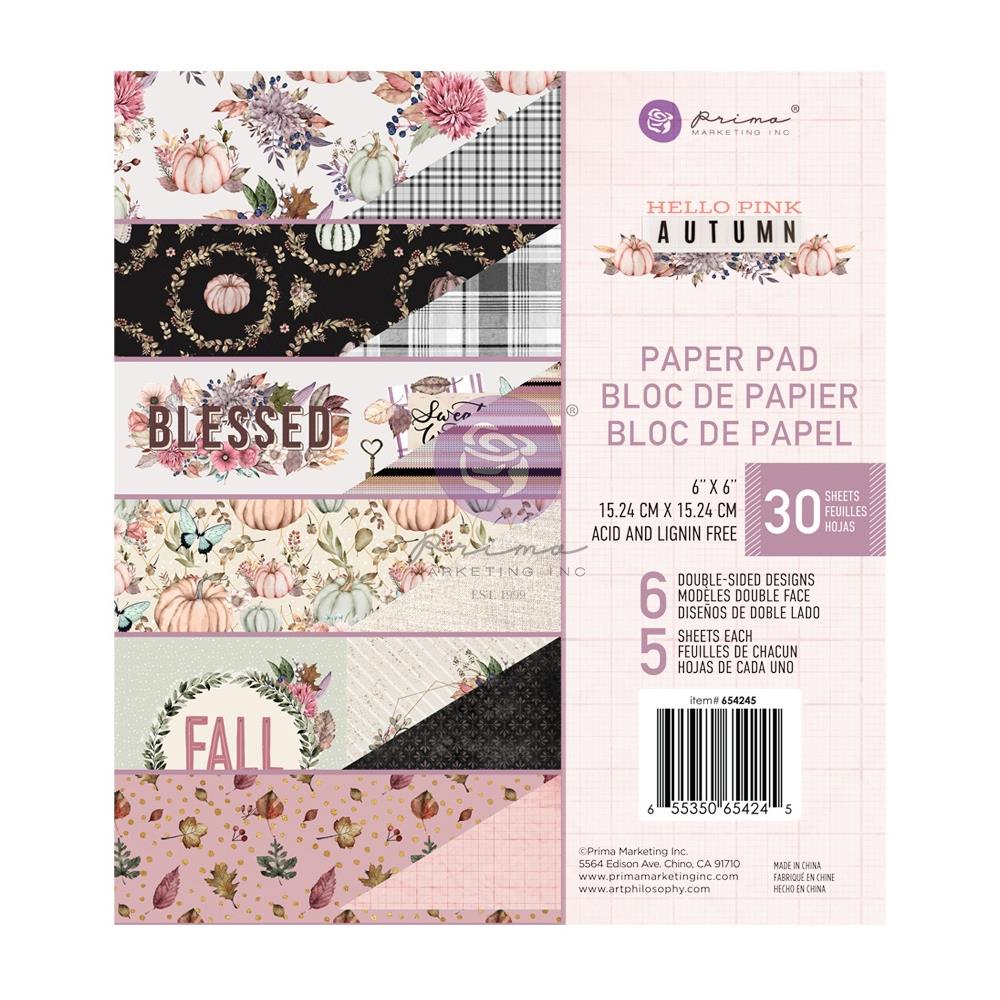 Prima Marketing - 6"x6" Double Sided Paper Pad - 6 Designs, 5 Each (30 Sheets) - Hello Pink Autumn