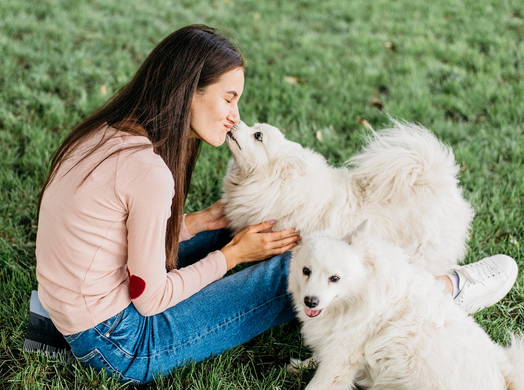 A Woman Is Kissing A Dog