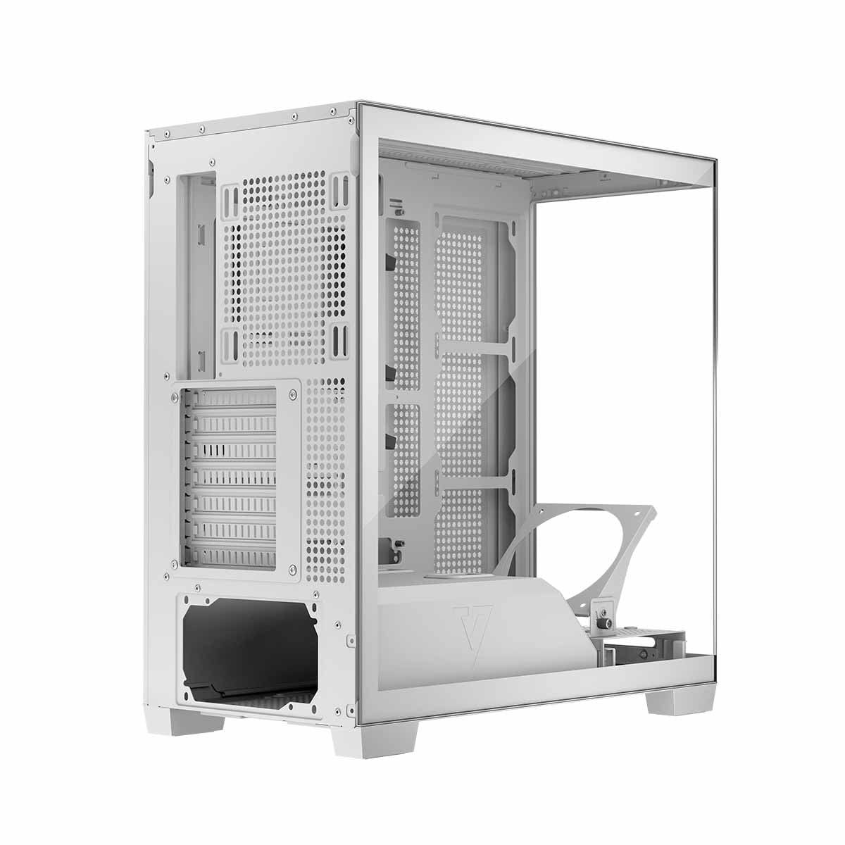 Panel z wejściami USB / Audio znajduje się na górze obudowy. Znajdują się na nim dwa złącza USB 3.0 oraz jedno złącze USB-C. Natomiast wejście na mikrofon i słuchawki umiejscowione zostało w gnieździe typu combo. Jest tu także przycisk do zmiany podświetlenia LED wentylatorów.
