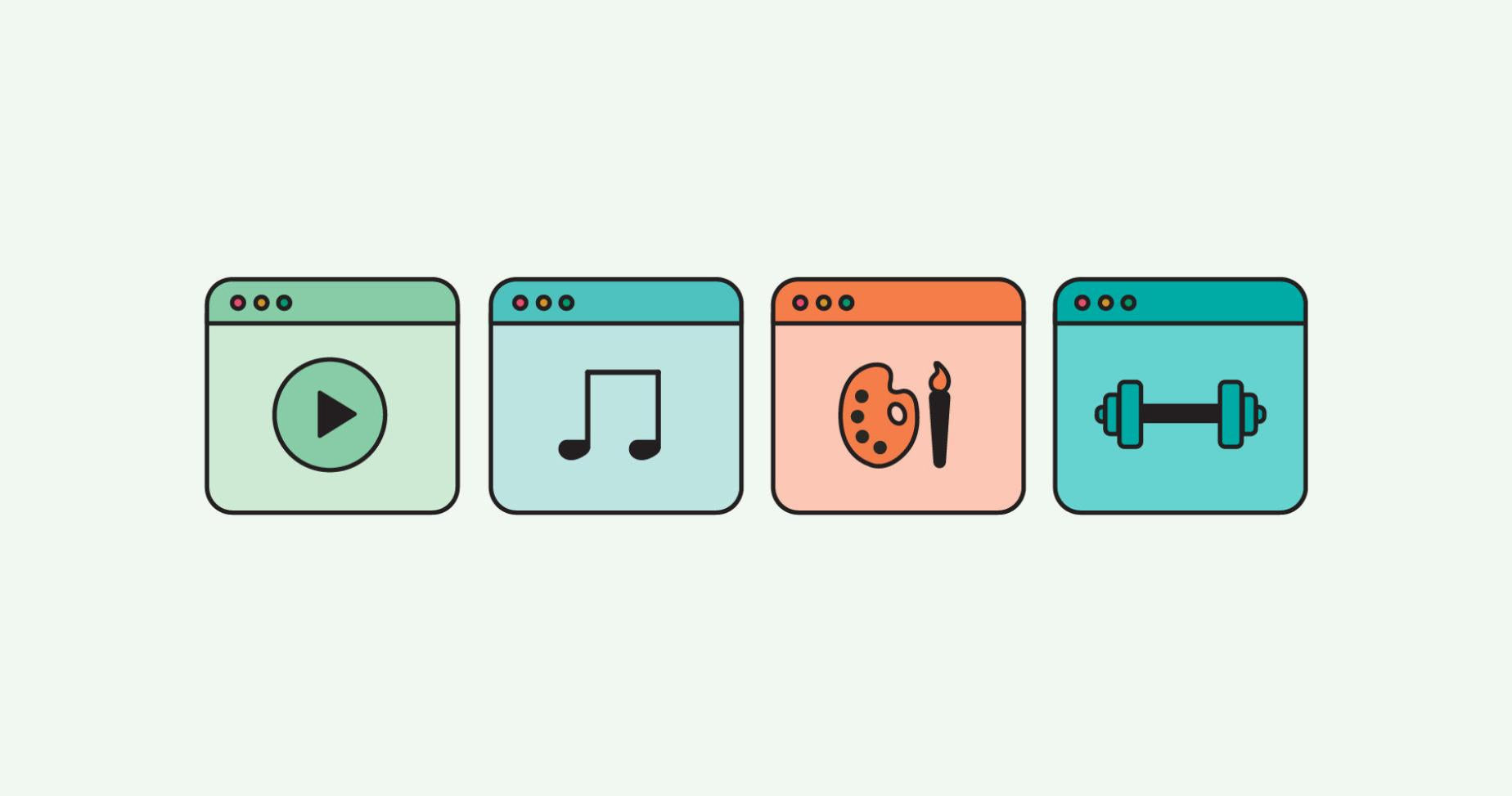 En rekke digitale produktikoner: musikk, video, kunst, trening