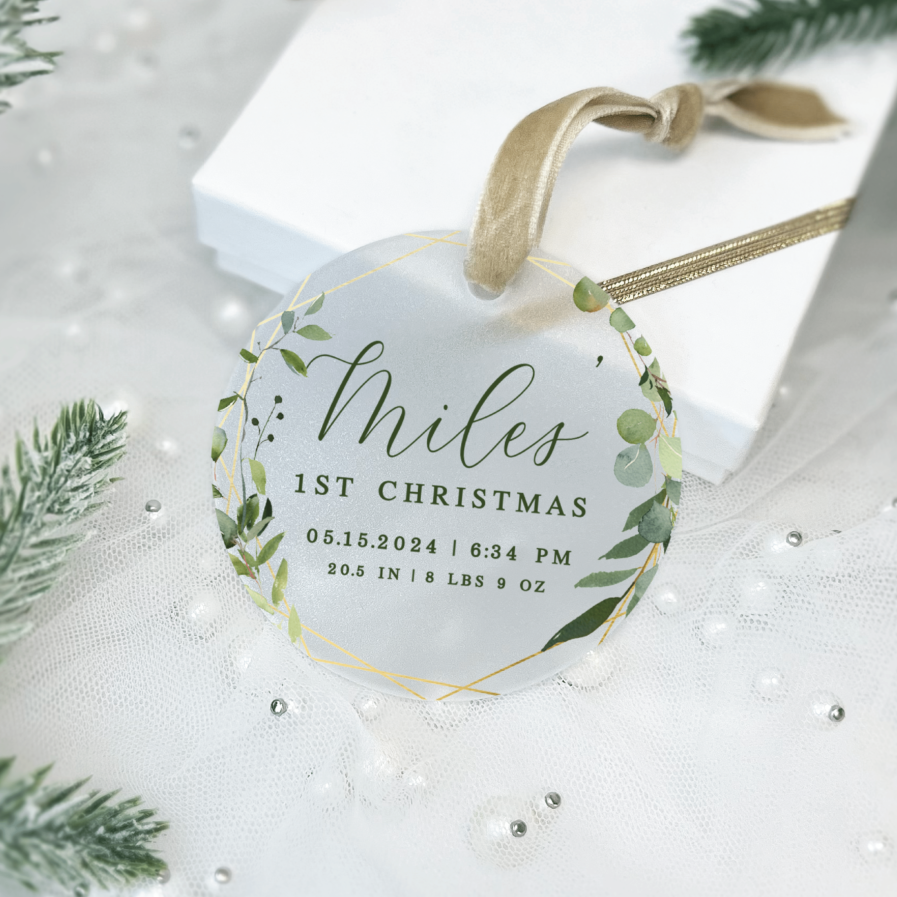 Baby's First Christmas Ornament with Birth Stats - Greenery