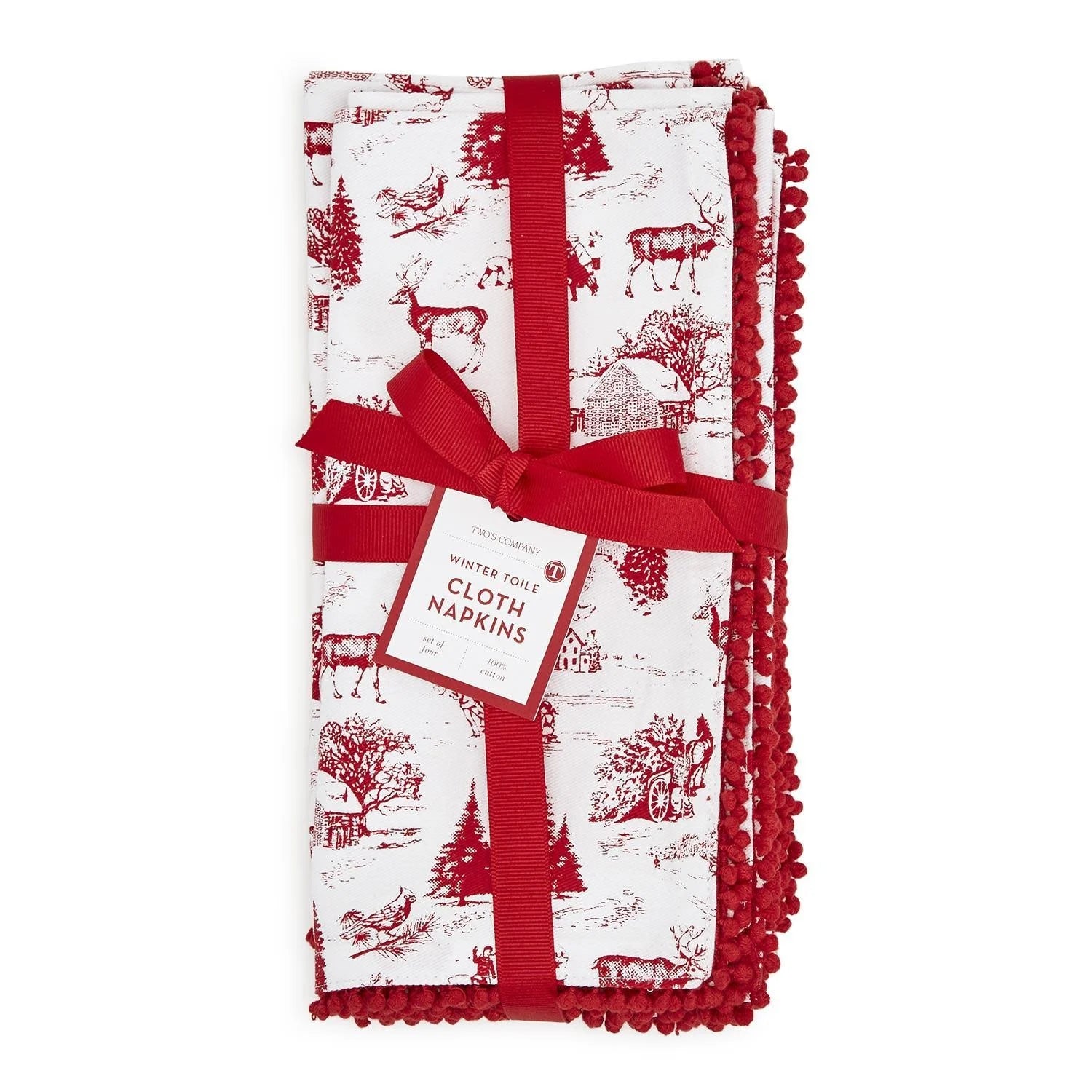 Set of 4 Winter Toile Napkins with Pom Pom Trim