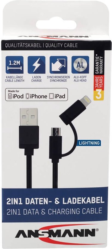 4013674131259 - Apple iPad iPhone iPod Handy Laptop Ladekabel [1x USB-A 20 Stecker - 1x Micro-USB Stecker Apple Dockingstecker Lightning] 120 m Schwarz