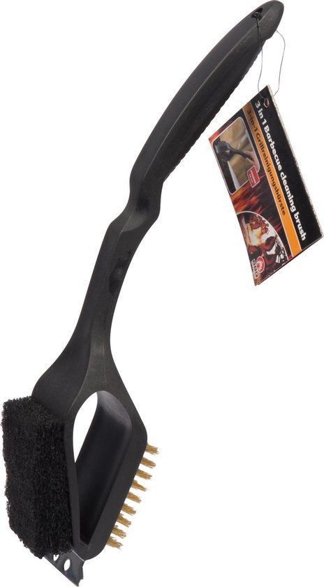 8711252866031 - Barbecue Reinigungsbürste - 3 in 1 - Stahlbürste - Scheuerschwamm - Schaber - 38 cm - Schwarz