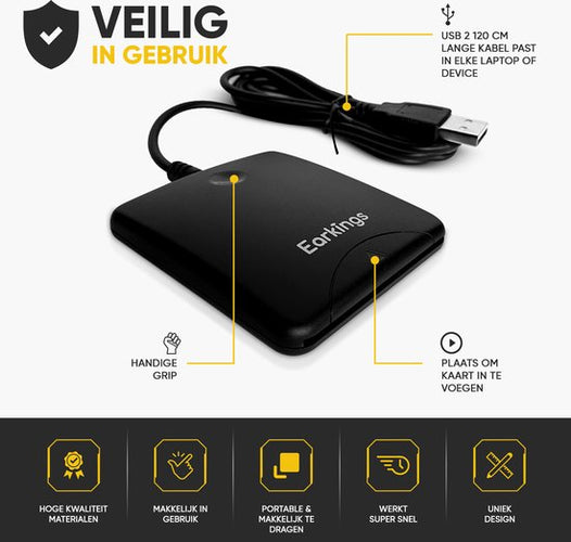 eID Card Reader Ausweiskartenleser - Kartenleser für Ausweiskarten, Kreditkarten und andere Chipkarten - EarKings Card Reader Ausweiskarte geeignet für MAC und Windows - 2e2f2216bd80f97fbc03a374c7d33154cb3e5b89_Enriched_product_image_3002b878-3ecd-4eda-b242-b5885e560797