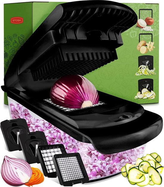 8720938082610 - Mandoline - Gemüseschneider - Zwiebelschneider - Spiralschneider - 4 Stück - Schwarz - BPA frei 8720938082610 - Mandoline - Gemüseschneider - Zwiebelschneider - Spiralschneider - 4 Stück - Schwarz - BPA frei