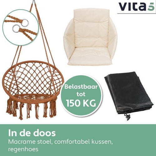 Vita5 Makramee-Hängesessel - für drinnen und draußen - ohne Ständer - inkl. Kissen, Buchbox und Schutzhülle - bis zu 150kg - Braun/Beige - 3e16bac4-06ec-42c0-bdc6-02e66a83153d