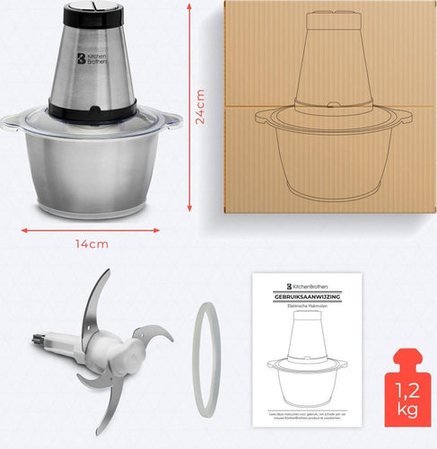 KitchenBrothers Zerkleinerer - Lebensmittelzerkleinerer - Elektrisch - 2 Geschwindigkeiten - 300 W - 1,8 L - Schüssel aus Edelstahl - 4a855cb3-41c9-4b42-bba5-cf84a92300f3