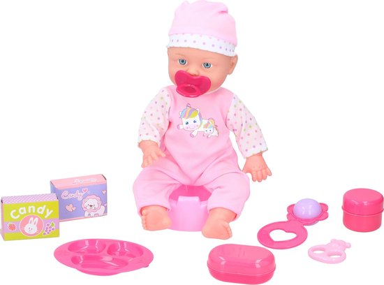 8711252164953 - My Baby & Me Baby Doll 10-teiliges Set - inkl Schnuller Beißring Töpfchen Cremetopf Bonbondose Teller Seifenschale und Rassel - Polyester - Pink Lila 8711252164953 - My Baby & Me Baby Doll 10-teiliges Set - inkl Schnuller Beißring Töpfchen Cremetopf Bonbondose Teller Seifenschale und Rassel - Polyester - Pink Lila