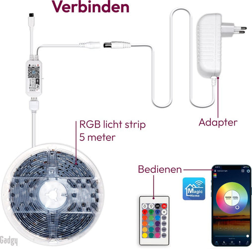 Gadgy Led Strip 5 Meter - RGB - Smart Led Strip - Smartphone App - Fernsteuerung - Kompatibel mit Google Home und Amazon Alexa - 67353edb-78d1-48e0-b0a2-71b4a013a3d0