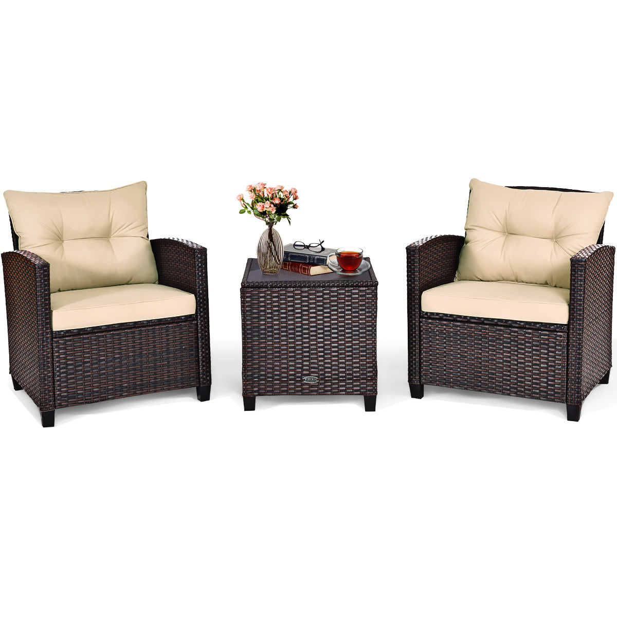 0736542306415 - 3-teiliges Terrassenset Outdoor Rattan Set Gartenmöbel Rattan mit Sitzkissen und Couchtisch gelb + braun 0736542306415 - 3-teiliges Terrassenset Outdoor Rattan Set Gartenmöbel Rattan mit Sitzkissen und Couchtisch gelb + braun