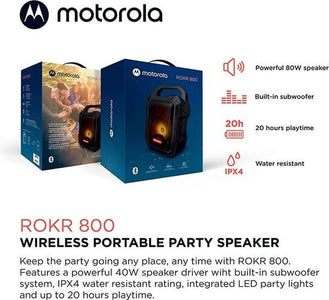 Motorola Sound ROKR 800 Bluetooth-Lautsprecher - 20 Stunden Wiedergabezeit - FM-Radio - Farbige LED-Beleuchtung - DC-, USB-, AUX- und MIC-Anschlüsse - True Wireless-Technologie - Schwarz - a500f603-c855-4370-9285-5a8f31b30155