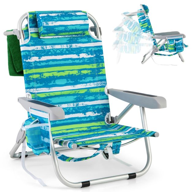 Komfortabler Strandkorb Coast mit 5-fach verstellbarer Rückenlehne, klappbarem, leichtem Aluminiumgestell, Getränkehalter und Staufächern - Blau/Grün, 66x65x78 cm - a9b005968a9d7878ec06a32765a6a0d9024e7feb_13531_5_28_aluminium_campingstoel_met_bekerhouder_schouderriem_lichtgewicht_en_draagbare_strand