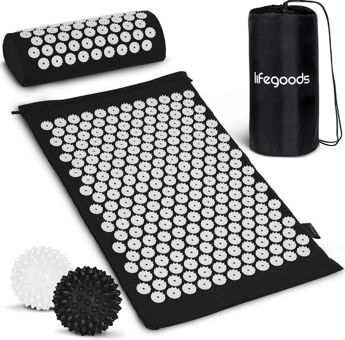 LifeGoods Akupressurmatte mit Kissen - Shakti Matte - Nagelmatte inkl. 2x Triggerpunkt Ball - 66x40x2cm - Schwarz/Weiß - bb88d11d-1bcd-4969-aa30-ece3d87763b4_cd4bd3a0-b4d7-4bb8-8c01-b6363f58820d